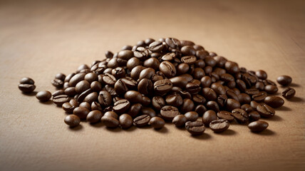 Fototapeta premium Roasted brown coffee beans form a textured heap on burlap, their rich aroma suggesting a dark, caffeinated espresso drink
