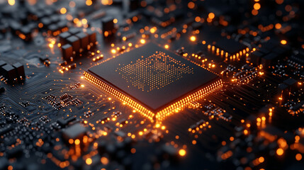 Close-up view of a glowing processor chip on a circuit board, illuminated with warm orange light.