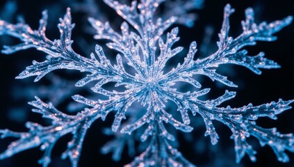 Intricate snowflakes with radial patterns float in blue-violet light, showcasing delicate details on a dark backdrop.