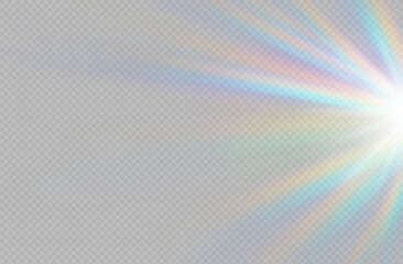 Rainbow crystal shining star. Crystal diamond ray light, reflection on transparent background. Sun shines rainbow red yellow and blue color.. Vector lens glare leakage glare reflection.