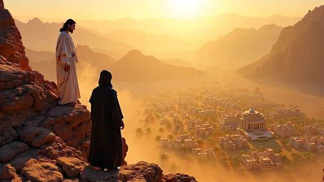 Jesus Christ and Satan temptation scene on a high mountain