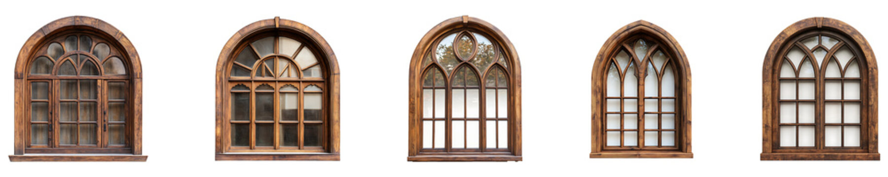 Set, Group of Wooden arched brown window Isolated on Transparent Background&nbsp;PNG&nbsp;Image.