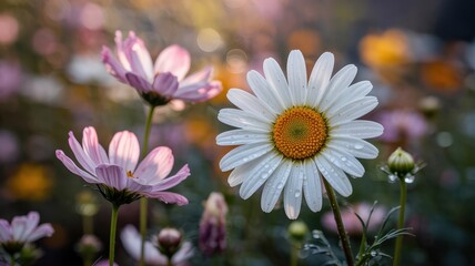 Fototapeta premium Dreamy white daisy and cosmos in golden hour bloom