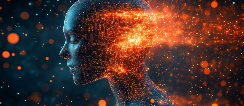 Abstract digital human head with fiery energy emanating from the mind. - Powered by Adobe