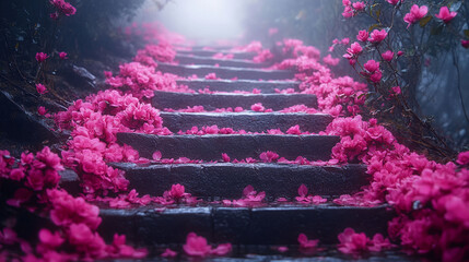 Misty pathway of pink flowers.