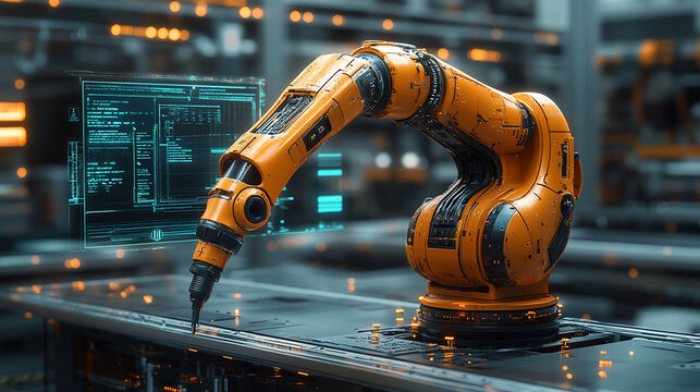 Orange robotic arm performing precise task in a modern factory. Holographic interface displays data.