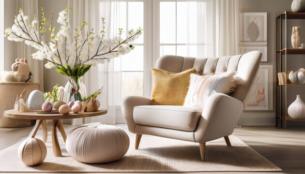  A beautifully designed spring themed living room interior featuring a stylish modern armchair