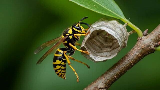 A paper wasp constructs its nest on a tree branch, showcasing intricate paper-like cells.	