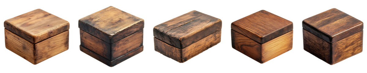 Set, Group of Wooden box Isolated on Transparent Background PNG Image.