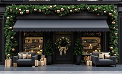 High end black and gold retail storefront mockup with elegant Christmas decorations.