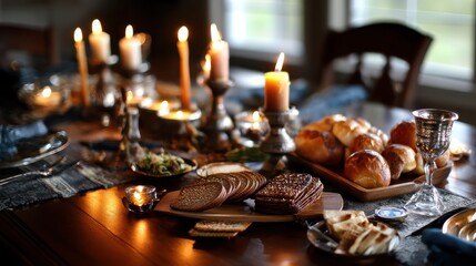 Traditional Hebrew Passover Celebration with Candlelit Table and Festive Dishes