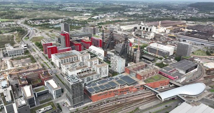 Esch-Belval, Luxembourg, Esch-sur-Alzette, aerial view. industrial and educational region, science, university, shops, restaurants and more buildings.