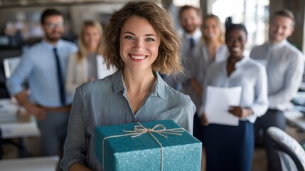 Joyful Office Admin Assistant Holding Gift Surrounded by Colleagues Smiling and Celebrating Appreciation Moment