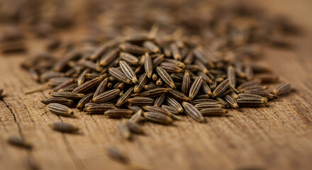Macro Shot Of Cumin Seeds Spilled On Rustic Wood