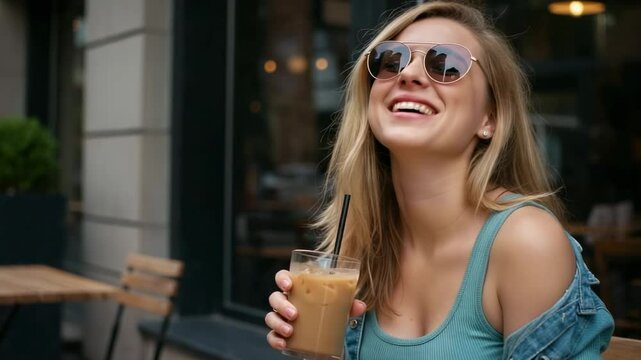 Young woman enjoying iced coffee at a cafe, laughing joyfully with sunglasses on, urban setting - sexy moms