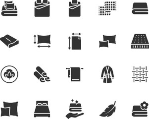 Vector set of linen flat icons. Contains icons  pillow, blanket, bed, pillowcase, bathrobe, plaid, mattress, towel and more. Pixel perfect.