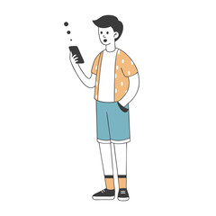 Young man looking at smartphone with surprised expression. Minimalist illustration.