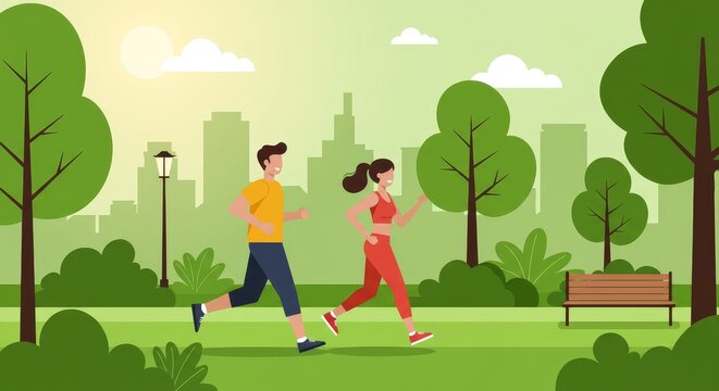 Healthy couple jogging urban park vibrant energy morning workout fitness lifestyle