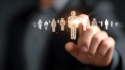 Human resource management, HR, recruitment, leadership and team building. Businessman holding on virtual screen with customer service and support team for quality.