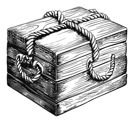 Vintage Engraving of a Wood Box Tied with Rope Illustration