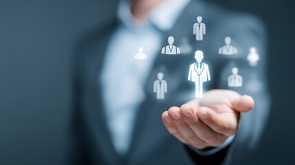 Human resource management, HR, recruitment, leadership and team building. Businessman holding on virtual screen with customer service and support team for quality.