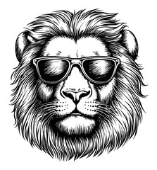 Obraz premium Detailed Engraving of a Lion Wearing Sunglasses in Black and White