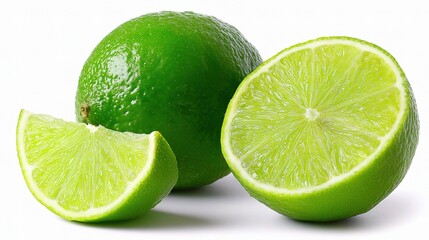 Whole Green Lime with Freshly Cut Half and Two Slices Displayed