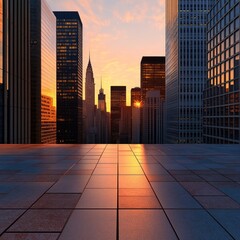 Cityscape at Sunrise  Empty rooftop overlooking a bustling metropolis at sunrise