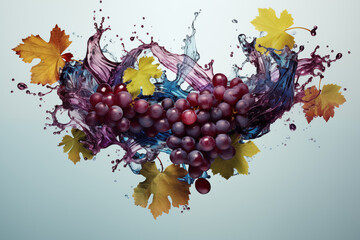 A wine splash seamlessly transforming into grape vines and leaves, symbolizing the journey from vineyard to glass.