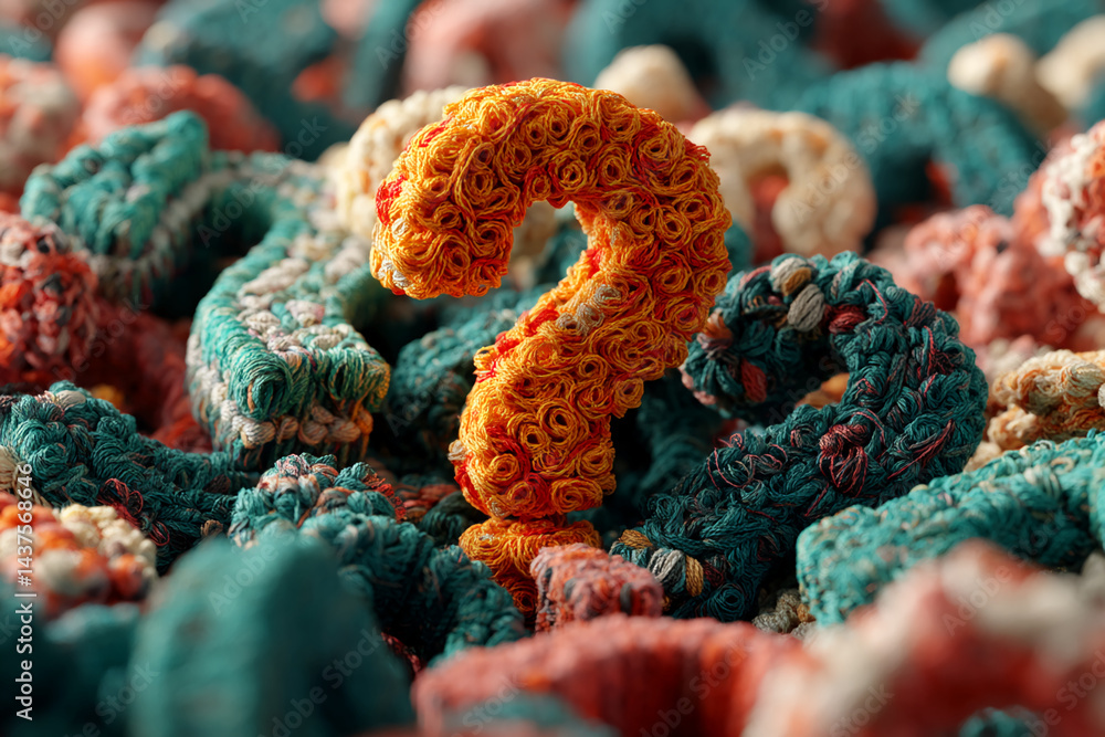 Poster orange question mark formed from rolled textile fibers, surrounded by teal and coral textured forms.