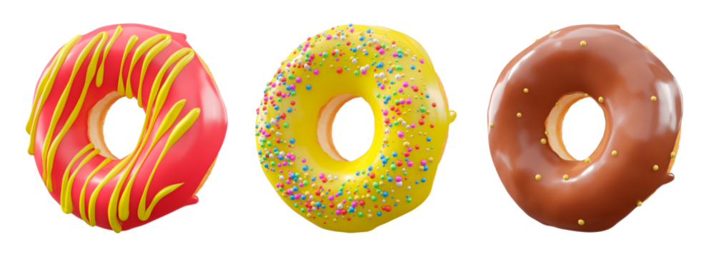 Donuts with yellow lemon glaze, sprinkles, white drizzle, and dots isolated on white transparent background. 3d rendering and illustration of dessert variety