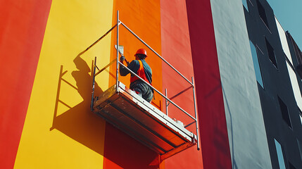 Worker Painting a Multi-Colored Building Wall