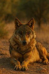 Fototapeta premium Iberian wolf resting on dry ground with golden sunset light. AI-generated