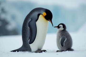 Obraz premium Penguin parent chick bonding in snowy habitat