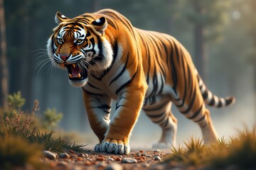 Obraz premium Roaring tiger in setting capturing wilderness essence