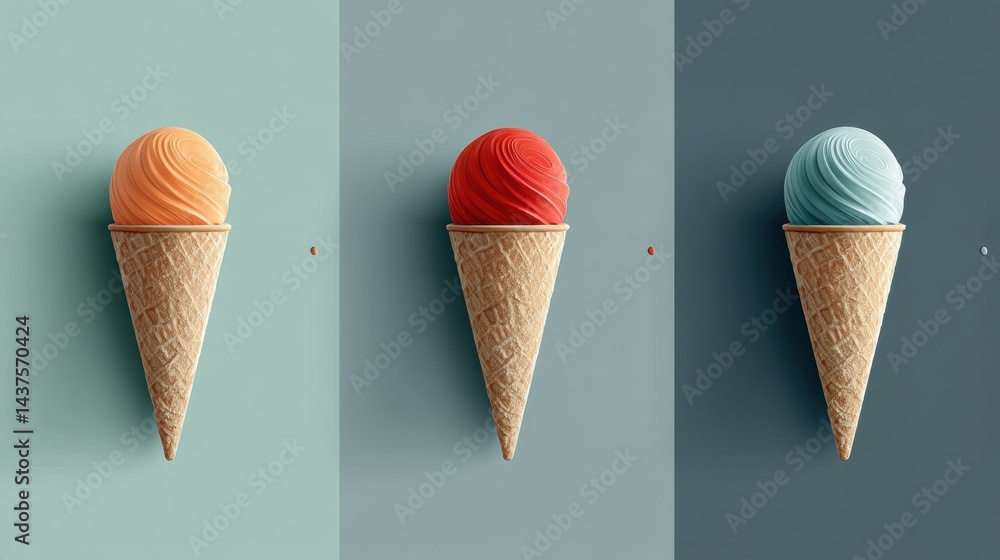 Poster scoops of colorful ice cream in a symmetrical arrangement on simple backgrounds for a clean, modern 