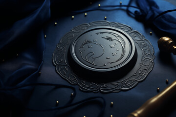 A deep midnight blue wax seal,  part of a mystical, moody banner design