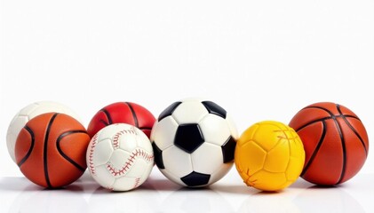 Assorted sports balls, vibrant colors, white backdrop, objects, equipment, white background