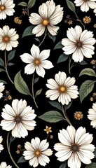 Black and white floral pattern with gold accents; bold, geometric style , contemporary, clean