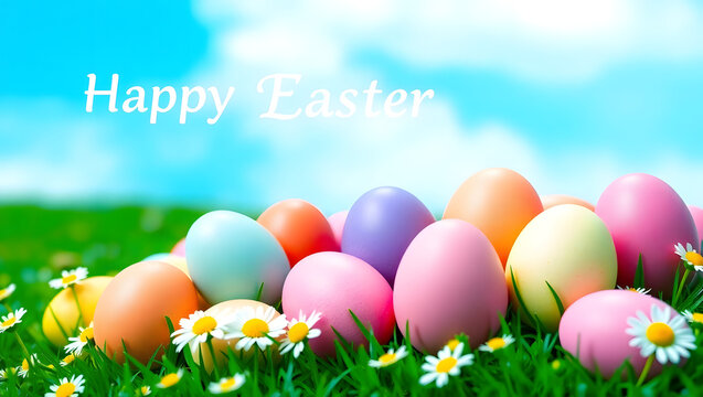 Happy Easter! Colorful Pastel Eggs in Spring Grass