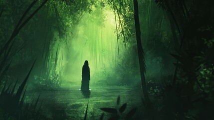 Mysterious figure in a verdant, misty forest pathway.