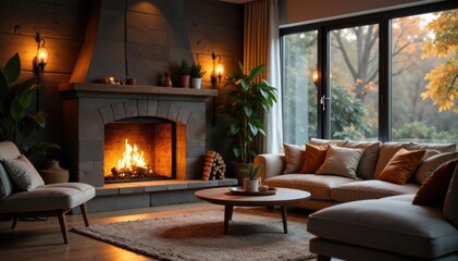 Cozy living room fireplace with warm fire burning, design, pattern, romantic