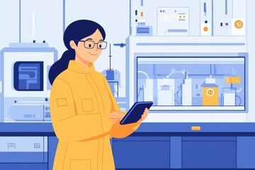 A female scientist in a lab coat uses a tablet to monitor complex machinery and experiments in a high-tech laboratory setting.