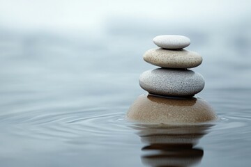 Three smooth stones balanced on a larger stone in calm water, symbolizing serenity and balance.