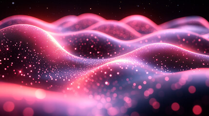 Abstract glowing pink wavy surface with glittering particles.