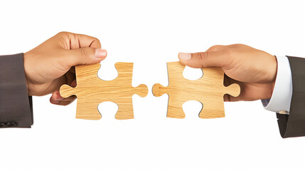 Close-Up of Two Businessmen's Hands Connecting Large Wooden Jigsaw Puzzle Pieces on White Background, Symbolizing Teamwork, Partnership, and Creative Collaboration in Business