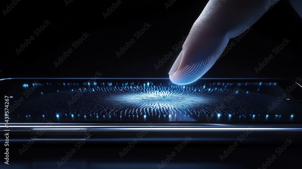 Poster futuristic fingerprint scan on smartphone: seamless biometric security