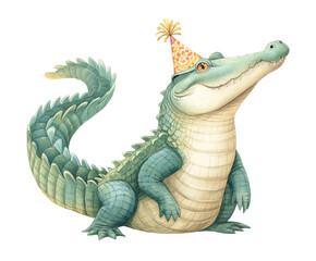 Fototapeta premium A cheerful crocodile wearing a party hat, celebrating joyfully. Perfect for playful themes and festive occasions.