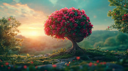 Pink flower tree shaped like a brain in a fantasy, nature landscape at sunrise.
