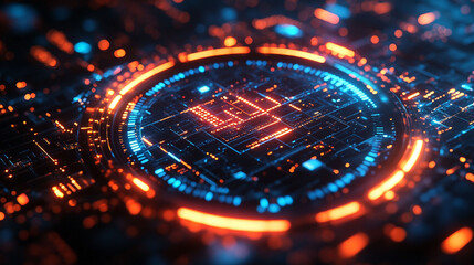Futuristic circuit board with glowing circular interface.